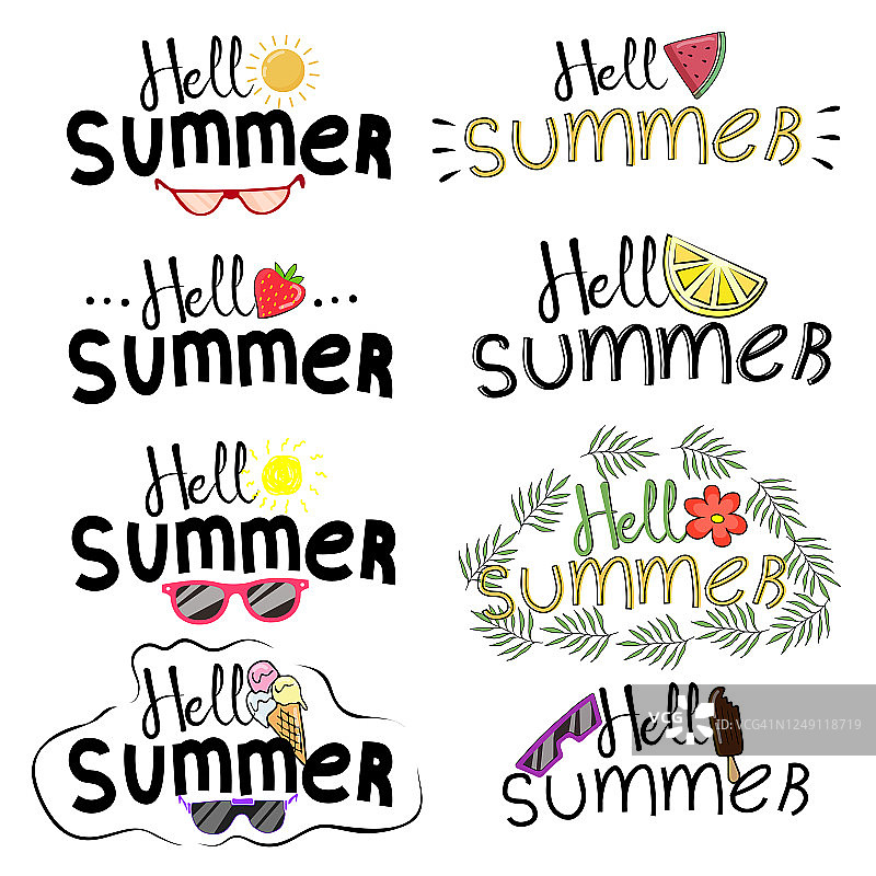你好夏天，向量，夏季字母，夏季元素的集合图片素材