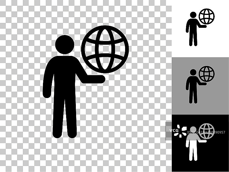 Stick Figure Carrying Globe Icon on Checkerboard透明背景图片素材