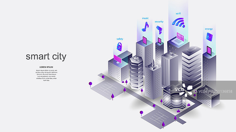 带有智能城市元素的建筑矢量插图。科学，未来，网络，网络概念，通信，高科技。每股收益10。图片素材