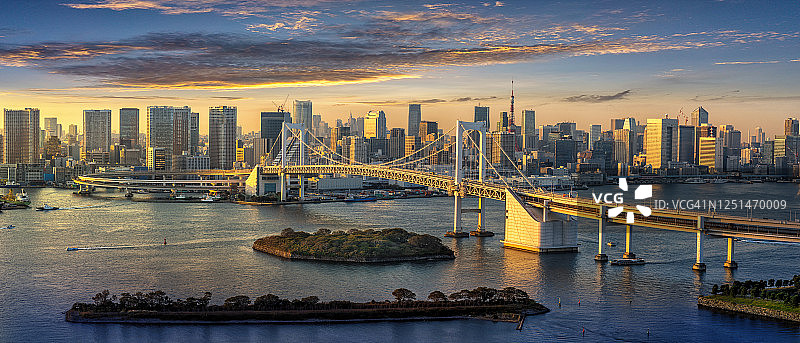 东京天际线与美丽的东京湾日落，彩虹桥和东京塔地标日落场景，台场，日本图片素材