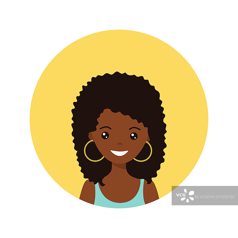年轻的美国黑人女性在平坦风格的用户图标。图片素材