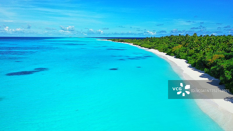 鸟瞰图的热带岛屿与棕榈树在马尔代夫在阳光明媚的一天图片素材