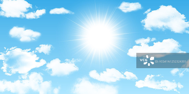 阳光明媚的背景，蓝天白云和阳光。矢量图图片素材