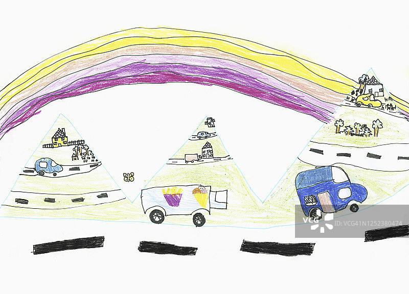 蔡尔兹在彩虹下的道路上画汽车和卡车图片素材
