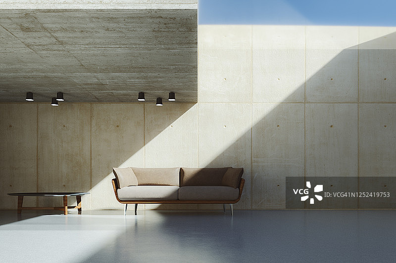 现代混凝土室内与皮革沙发图片素材