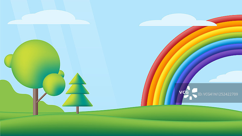 美丽的彩虹山谷。矢量平面插图。孩子背景，夏季天气。图片素材