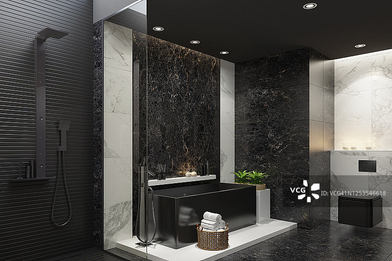 豪华的现代家庭水疗浴室与黑白大理石瓷砖图片素材