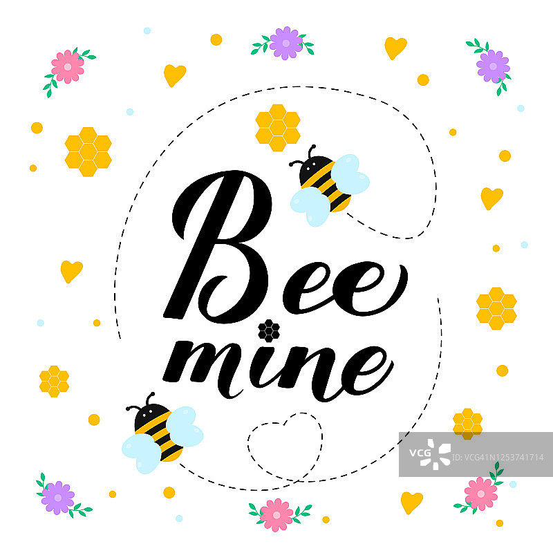 有趣的情人节卡片。蜜蜂我的书法手写的可爱的卡通蜜蜂，蜂巢，心和花。矢量模板横幅，海报，传单，贴纸，明信片，t恤等图片素材