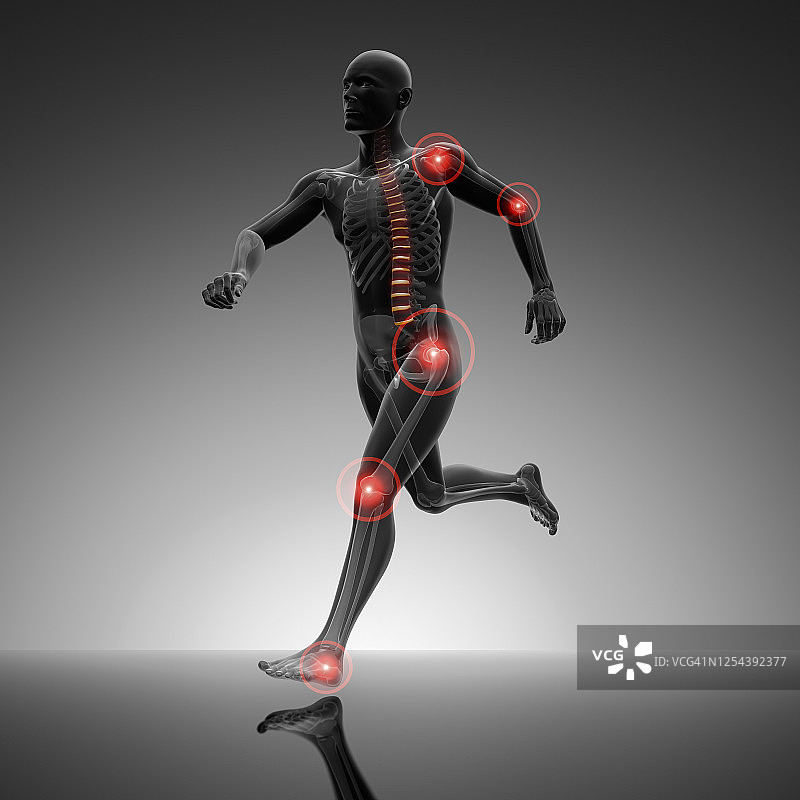 在深灰色背景上的跑步姿势的3D男性人物图片素材