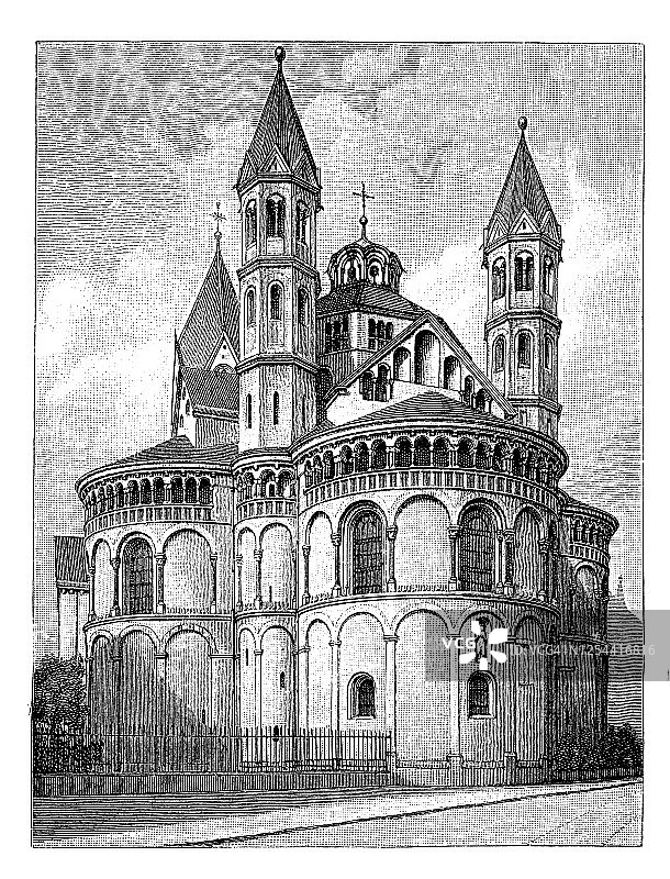 古老的雕刻插图圣使徒大教堂，科隆，德国-罗马式建筑9 -13世纪图片素材