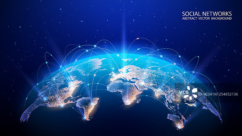向量。行星地图。世界地图。全球社交网络。的未来。蓝色的未来主义背景与行星地球。互联网和技术。浮动蓝色丛几何背景。图片素材