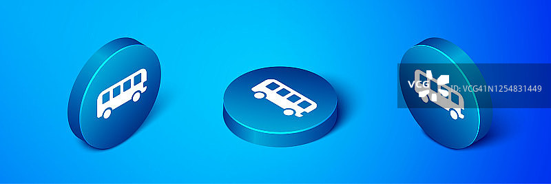 等距巴士玩具图标隔离在蓝色背景。蓝色圆按钮。向量图片素材