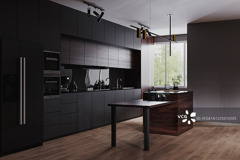 现代黑色厨房和餐厅内部家具和厨具，灰色，黑色和深色木材厨房内部背景，豪华厨房，3d渲染图片素材