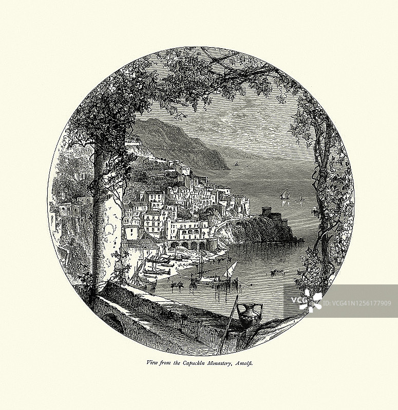 意大利阿马尔菲僧帽修道院的海岸景色，19世纪图片素材