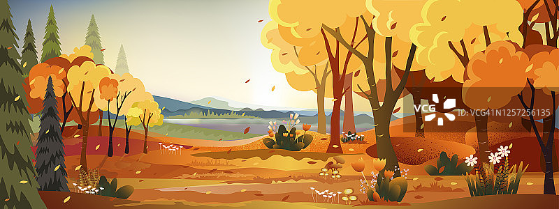 梦幻的秋季乡村全景，农场，山脉，野草和落叶在黄色的树叶的中秋全景。秋天的美景图片素材