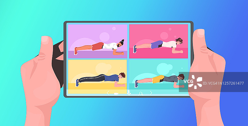 男士在平板电脑屏幕上做瑜伽健身练习，在线培训健康生活方式理念图片素材