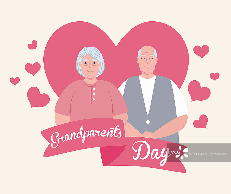 快乐的爷爷奶奶节日与可爱的老夫妇和心形装饰图片素材