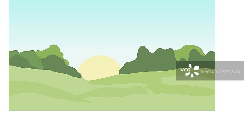 绿色的景观与山丘和森林。矢量插图。图片素材