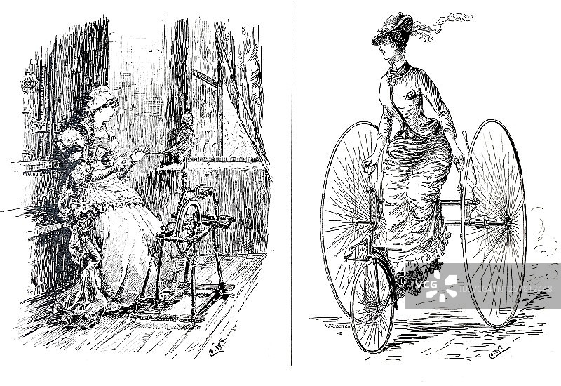 女人过去和现在的生活:女人在纺车和三轮车上图片素材