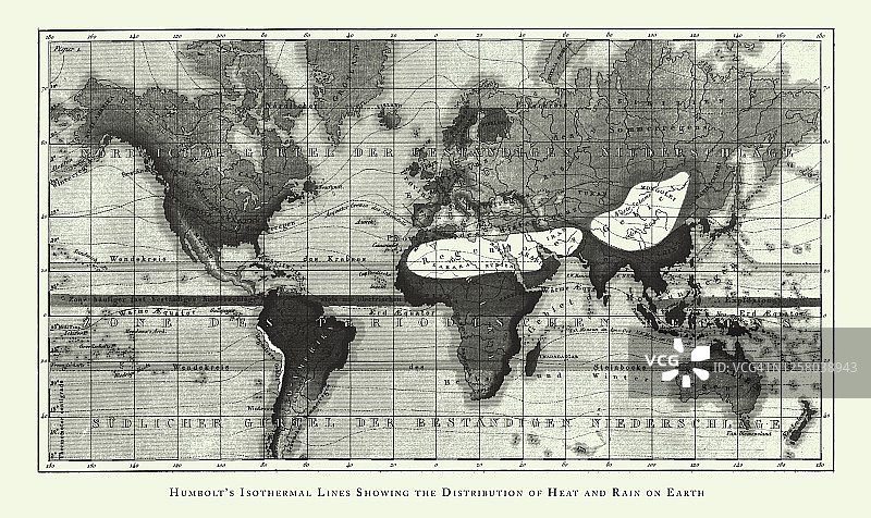 年份，Humbolt的等温线显示热和雨在地球上的分布，降雨和温度图;温度图表雕刻古董插图，出版于1851年图片素材