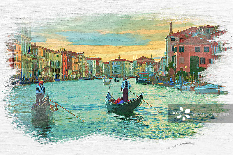 威尼斯大运河上的船夫，水彩画图片素材