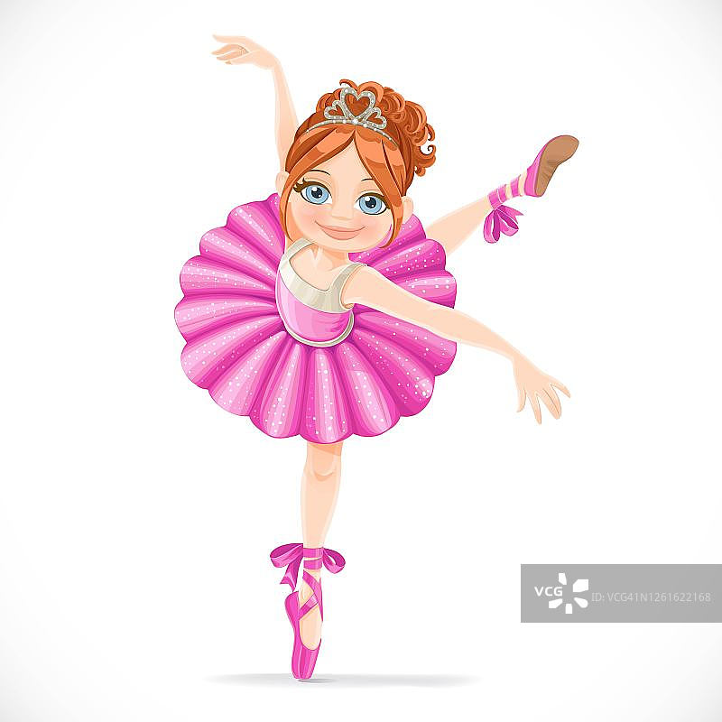 穿着粉红色连衣裙的芭蕾舞女演员单腿跳舞，孤立在白色背景上图片素材