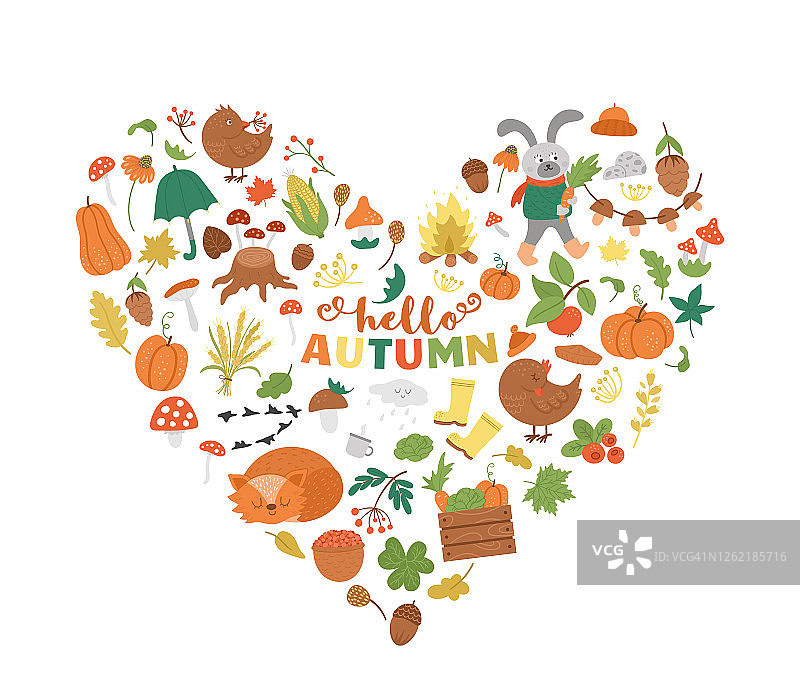 矢量秋天心形框架与动物，植物，树叶，钟，南瓜孤立在白色的背景。有趣的秋季设计横幅，海报，邀请。可爱的卡片模板图片素材