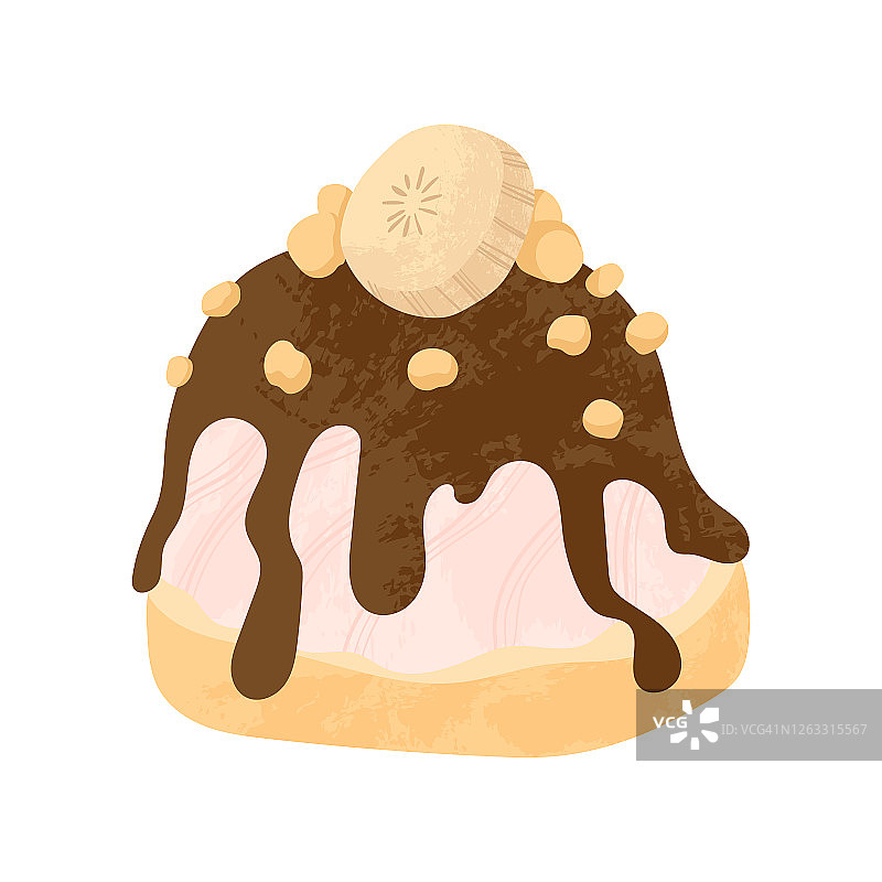 巧克力甜点配鲜奶油，香蕉水果和焦糖矢量漫画插画。美味的巧克力蛋糕。孤立在白色背景上。图片素材