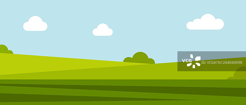 夏天全景景观。绿色的草地，田野，农场牧场，绿草，蓝天。矢量彩色背景，旗帜为网站，空间为文本图片素材