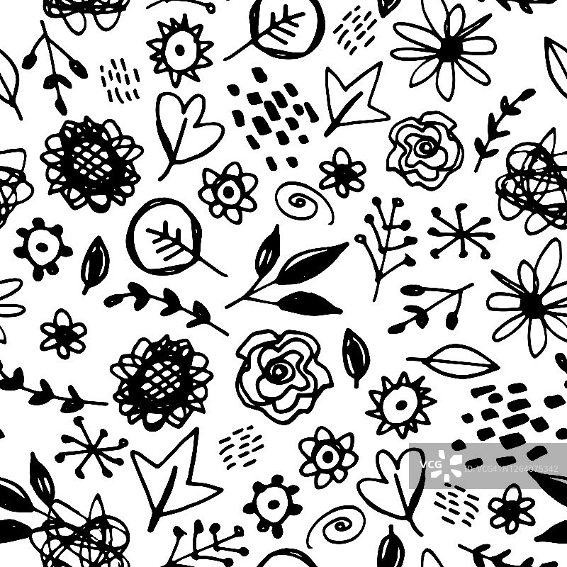 无缝图案花叶子抽象涂鸦手绘线条北欧风格白色黑色背景。可用于礼品包装面料的壁纸。向量图片素材