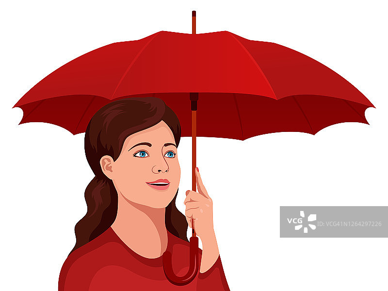 漂亮的复古风格的女孩，长卷发，红色衬衫，红色雨伞。图片素材