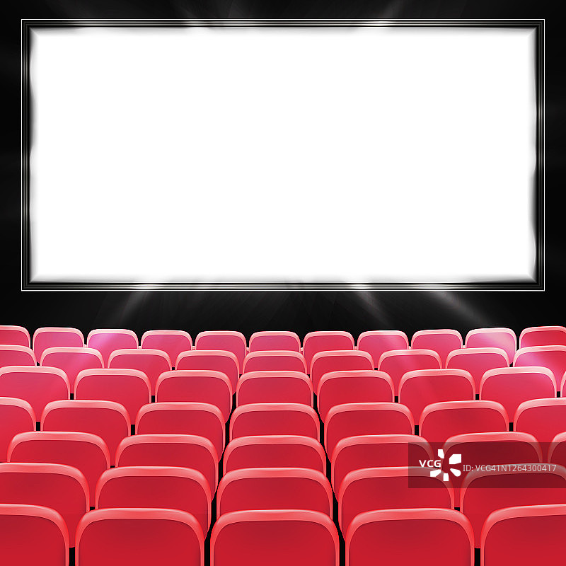 黑色黑幕前的一排排红色电影院或剧院座位。宽敞空旷的电影院礼堂，有红色的座位。矢量图图片素材
