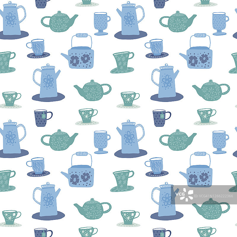 孤立茶道无缝涂鸦图案。白色的背景衬托出蓝色的茶杯和茶壶的轮廓。图片素材