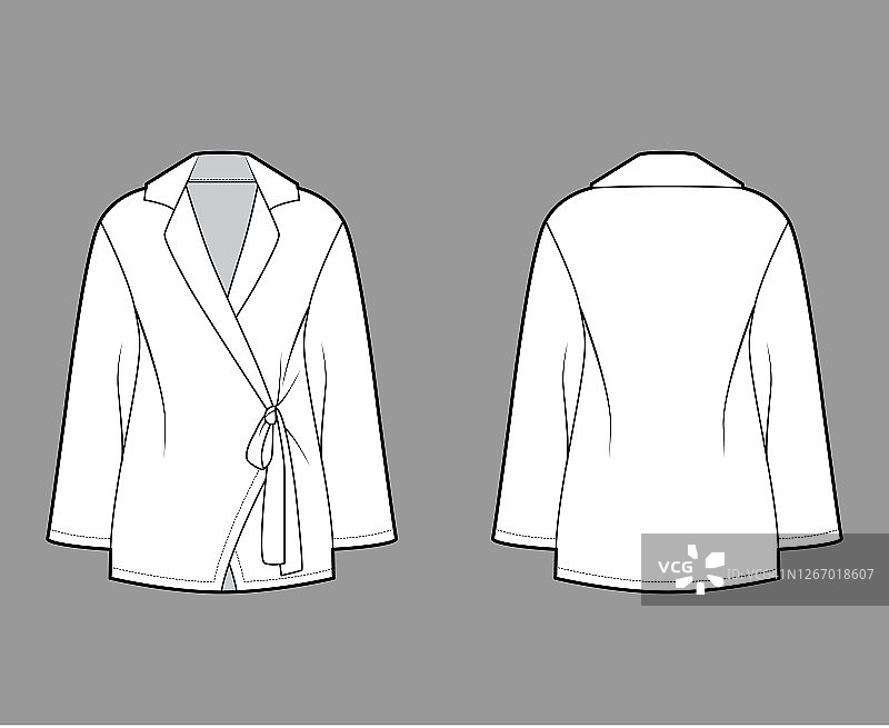 束腰衬衫技术时尚插图与长袖，略微宽松的适合，切口衣领，在腰部打结图片素材