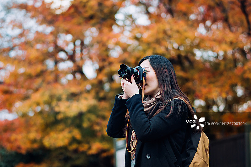 年轻的亚洲女性背包客享受美丽的自然秋天的风景和拍照的多颜色的枫叶与相机户外图片素材