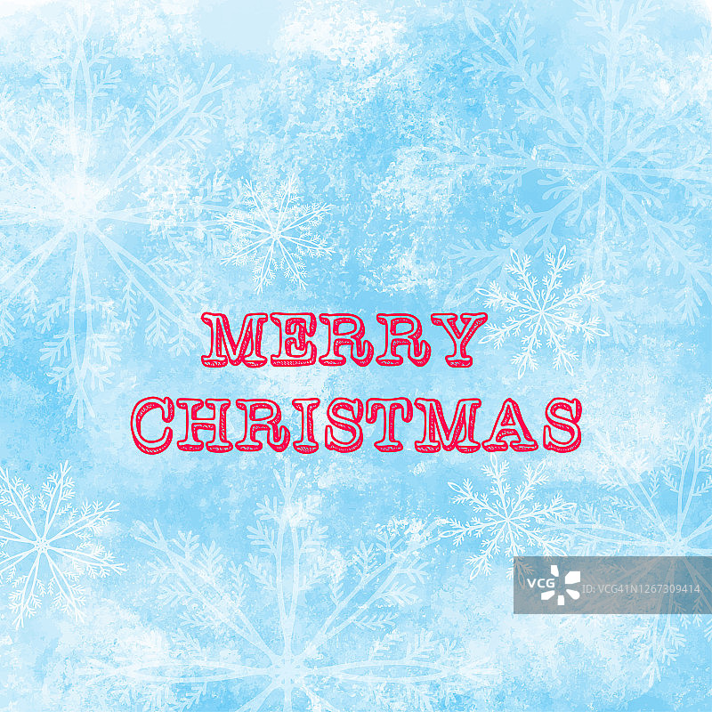 圣诞贺卡与雪白的蓝色背景和白色的雪花。图片素材