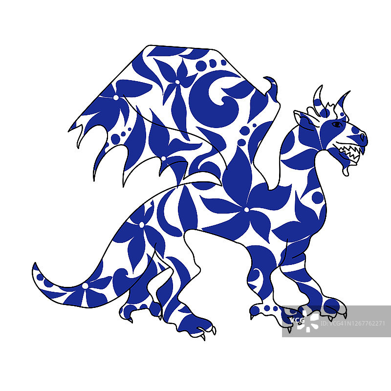 大纲插图龙与花卉图案在蓝色，象征的一年根据东方占星，矢量剪影的动物图片素材