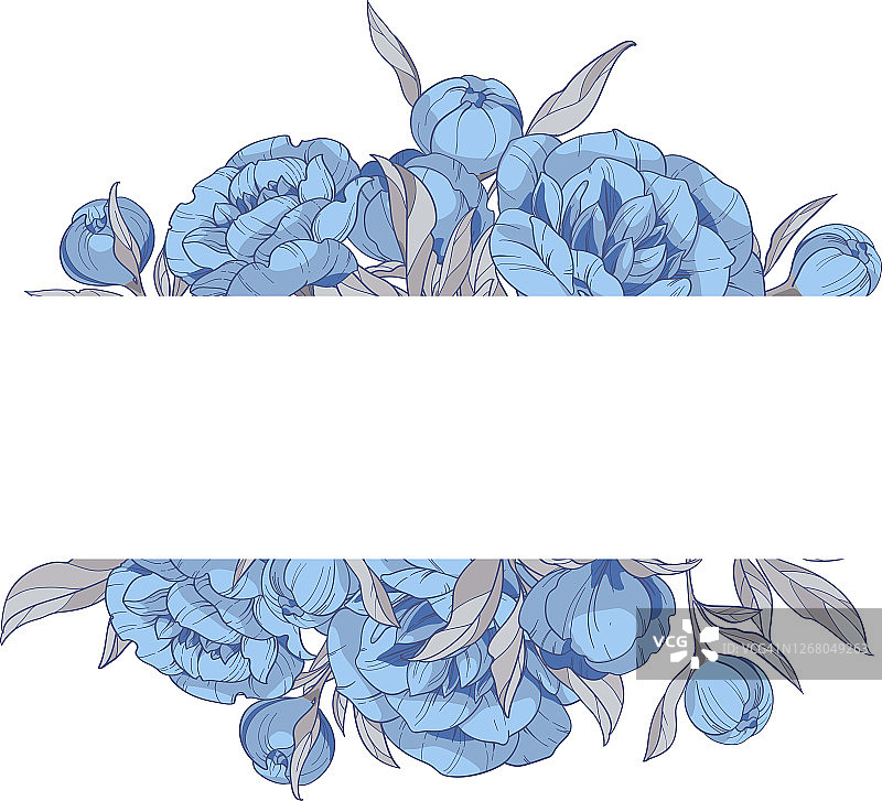 蓝色牡丹花框架，手绘矢量插图。图片素材