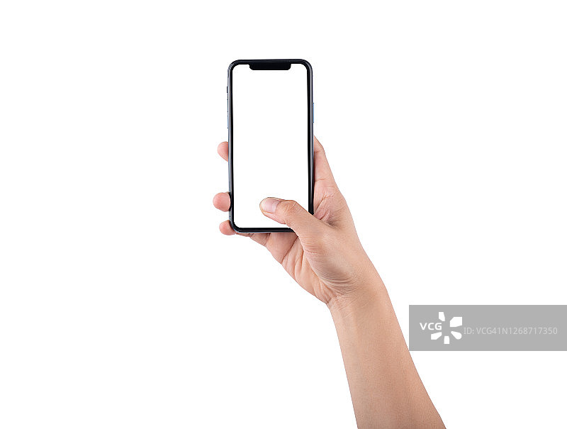 智能手机模型。新的无框智能手机模型与白色屏幕。孤立在白色背景上。基于高质量的工作室拍摄。智能手机无框设计理念。图片素材