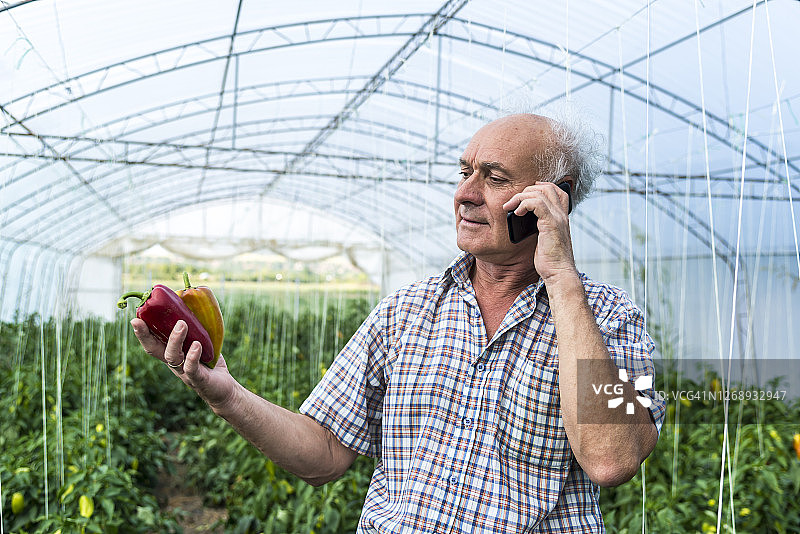 一个上了年纪的农民在用他农场里的电话图片素材