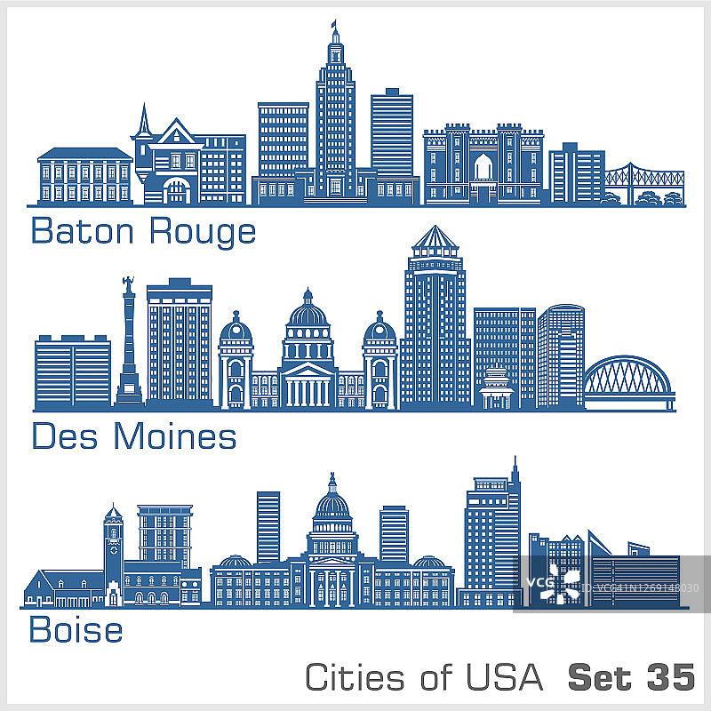 美国城市-巴吞鲁日，得梅因，博伊西。详细的体系结构。时髦的矢量插图。图片素材