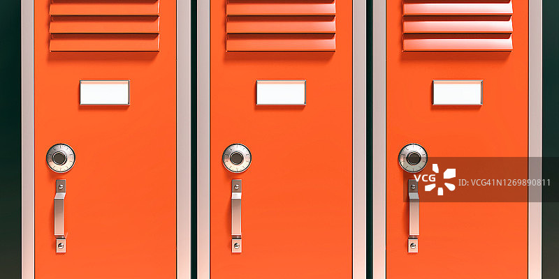 学校，健身房的储物柜，橘红色的特写。三维演示图片素材
