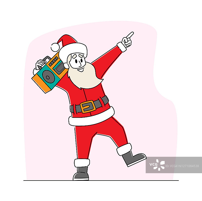 酷圣诞老人听音乐的磁带录音机和跳舞。穿着红色传统服装的有趣圣诞人物图片素材