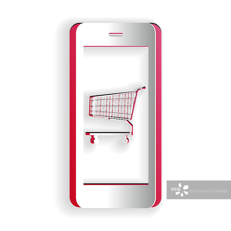 网上购物的概念。购物推车在屏幕上智能手机图标孤立的白色背景。概念电子商务，网络商务营销。纸艺术风格。向量图片素材