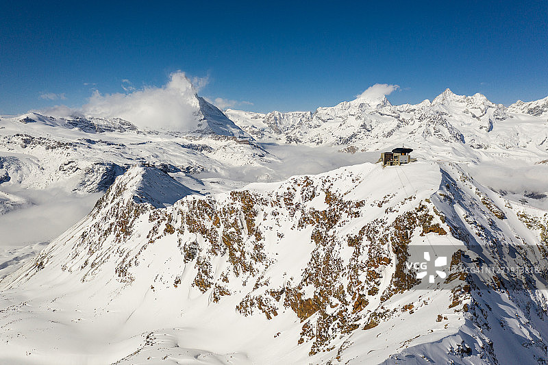 戈内格拉特山脊和马特洪峰的鸟瞰图在泽马特滑雪胜地在瑞士瓦莱图片素材