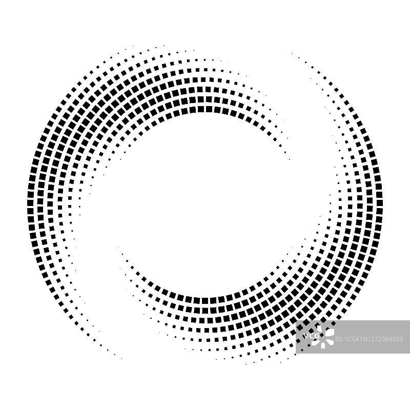 漩涡形状由方形圆点的圆形图案制成，使用尺寸衰减。多个轨道。图片素材