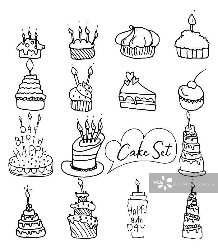手绘蛋糕和烘焙涂鸦向量集图片素材