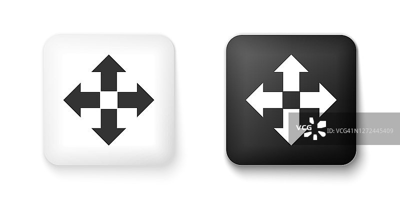 黑白箭头在四个方向图标孤立在白色背景。方形按钮。向量图片素材