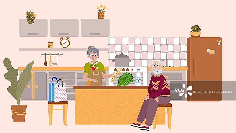 年长妇女打开杂货。男人坐在厨房的椅子上。老夫妇正在准备做饭。厨房内部。矢量平面插图卡通风格图片素材