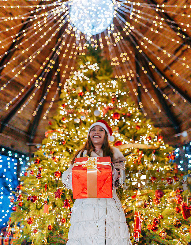 一个女人站在圣诞树前图片素材
